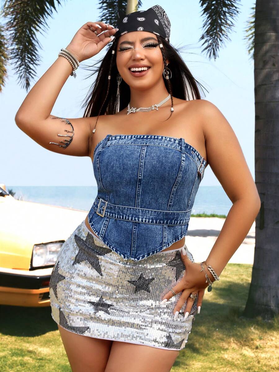 SHEIN ICON Plus Size Denim Strapless Asymmetrical Hem Top