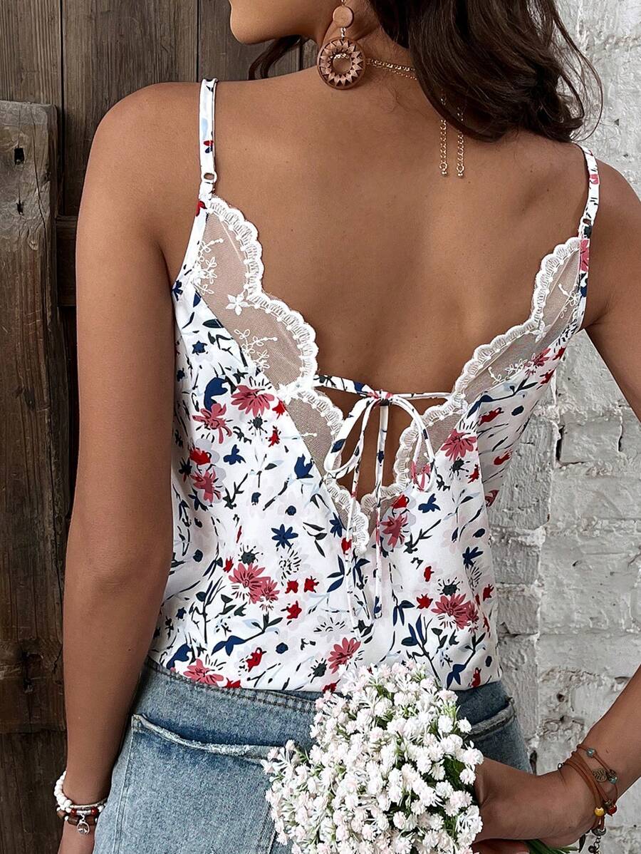 SHEIN Frenchy Lace Spliced Floral Printed Camisole Top For Women, Summer Top, Suitable For Vacation