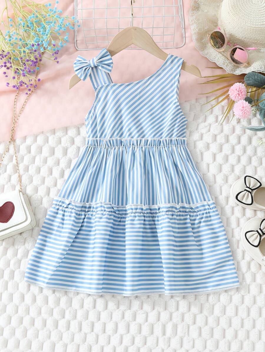 SHEIN Asymmetrisches Schulterkleid mit Streifen für Kleine Mädchen