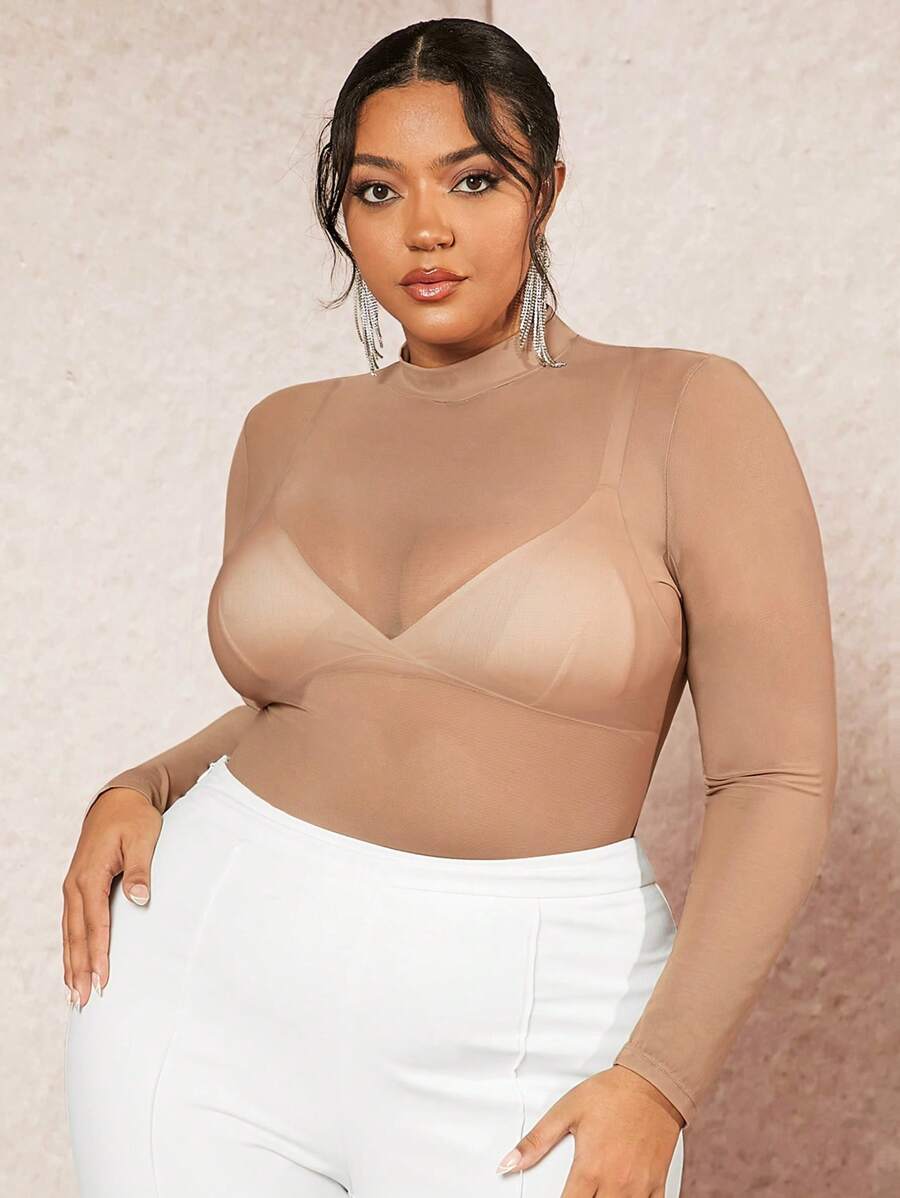 SHEIN BAE Blusa de manga larga con malla para mujer talla grande
