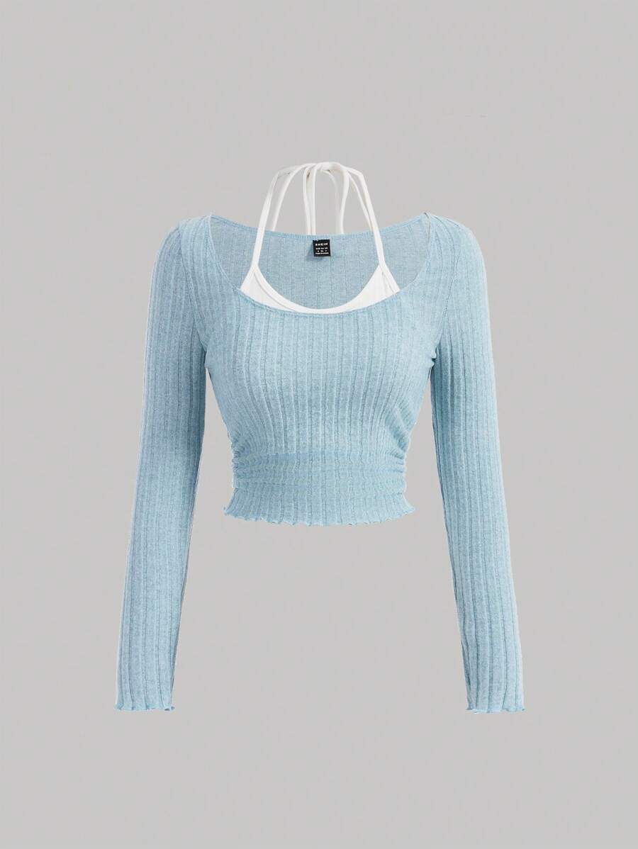 SHEIN MOD Ladies' Fashionable Halter Neck Rib-Knit 2 In 1 Tee