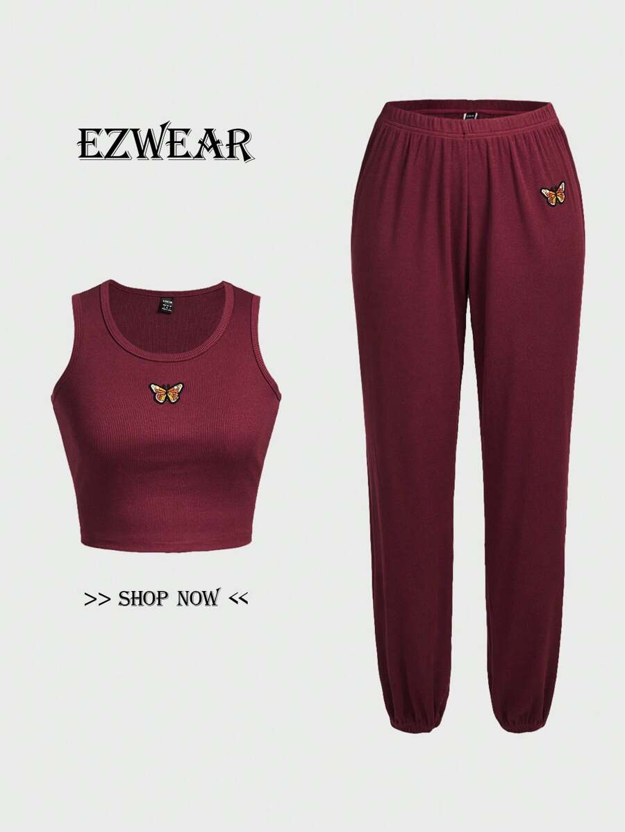 SHEIN EZwear Burgudnia Trykotowy Damski Garnitur