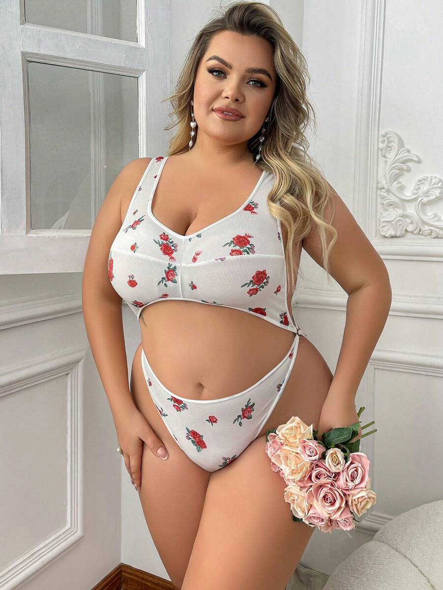 Classic Sexy Plus Size Women's Sexy Floral Print Bodysuit (1pc) For Weddings Season