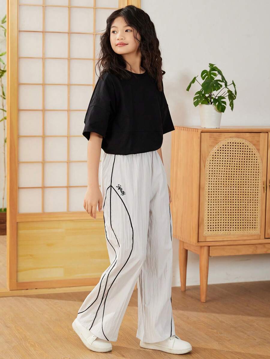 SHEIN Tween dziewczynka Luźny, casual Koreański Styl Kolorowe bloki Joggersy Z Elastyczny Pasek w talii & Litera Nadrukowany , Codzienna odzież