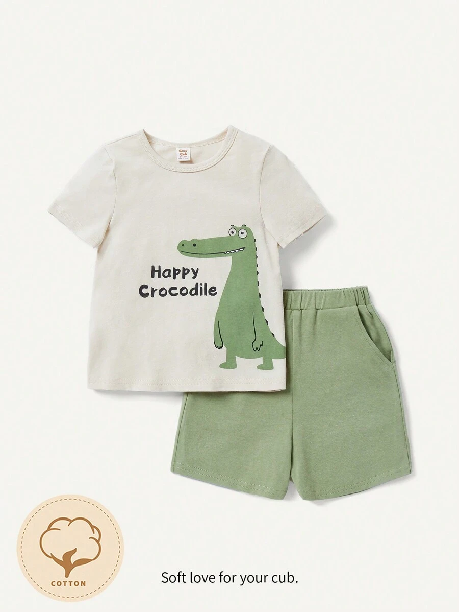 Cozy Pixies Conjunto De 2 Piezas Para Bebé: Camiseta De Cuello Redondo Con Patrón De Cocodrilo Dibujos Animados Y Pantalones Cortos Sólidos