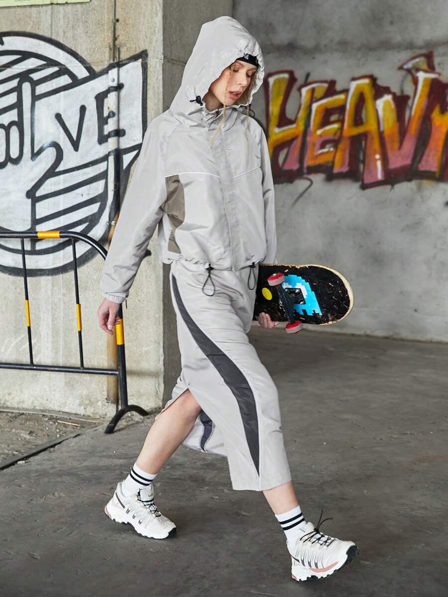 Streetz SHEIN Sport Survêtement Pour Femme Composé D'un Top À Capuche Et D'une Jupe Avec Cordon De Serrage Et Blocs De Couleurs