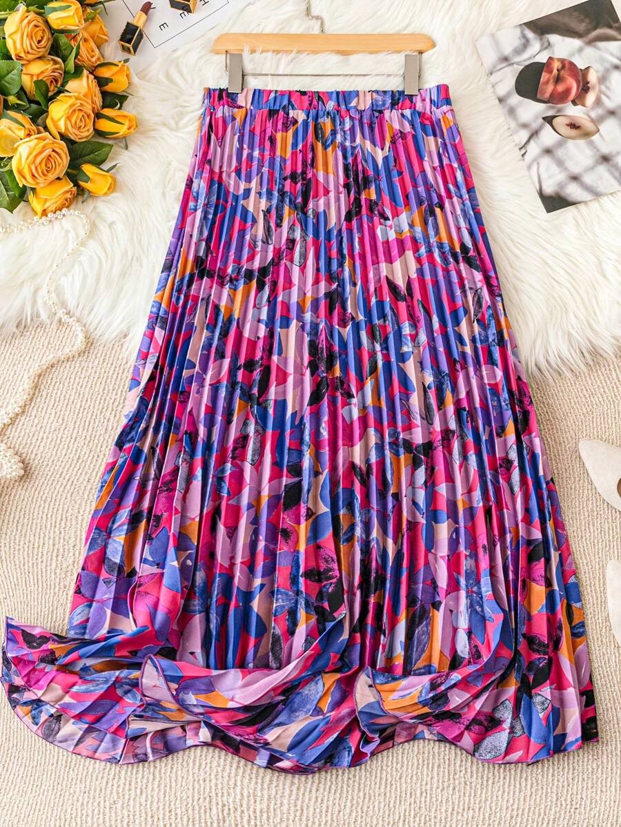 Franclia Gonna lunga plissettata con stampa floreale all-over, outfit da donna