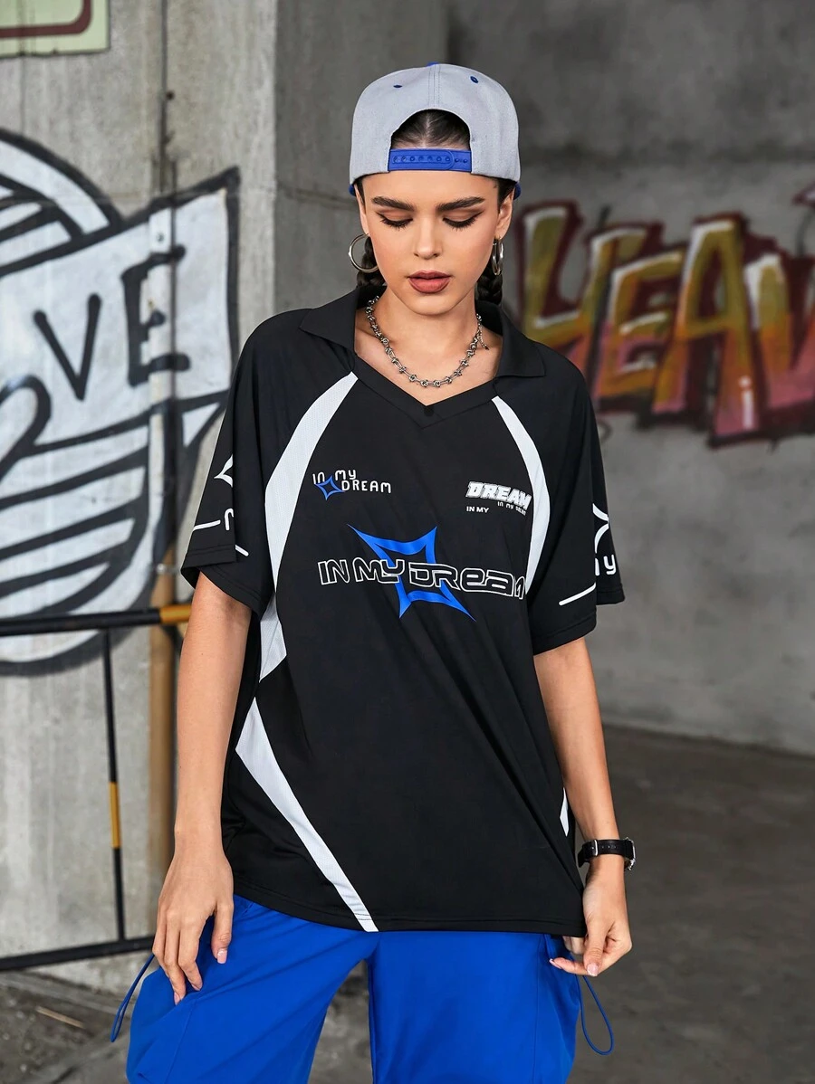 Streetz SHEIN Sport Motorcycle Inspired Loose Fit Sporty T-Shirt With Turn-Down Collar