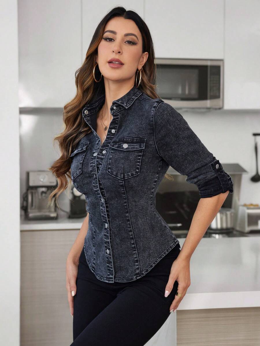 SHEIN Privé Szczupły Koszulka dżinsowa Z Umyty Efekt