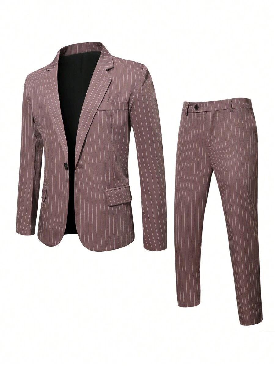 Manfinity Mode Plus Size Men's Striped Lapel Long Sleeve Suit Jacket And Pants Set