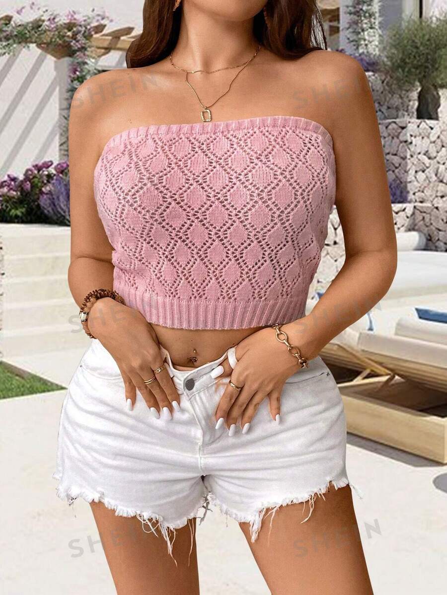 Calvaya Top Corto Tejido De Talla Grande Con Patrón De Encaje Perforado