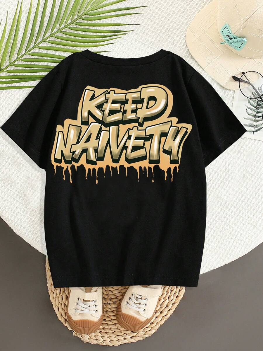 Young Boys' Casual Comfortable Fashionable Simple Soft Practical Street Style Personality Big Letter Print T-Shirt, Suitable For All Seasons