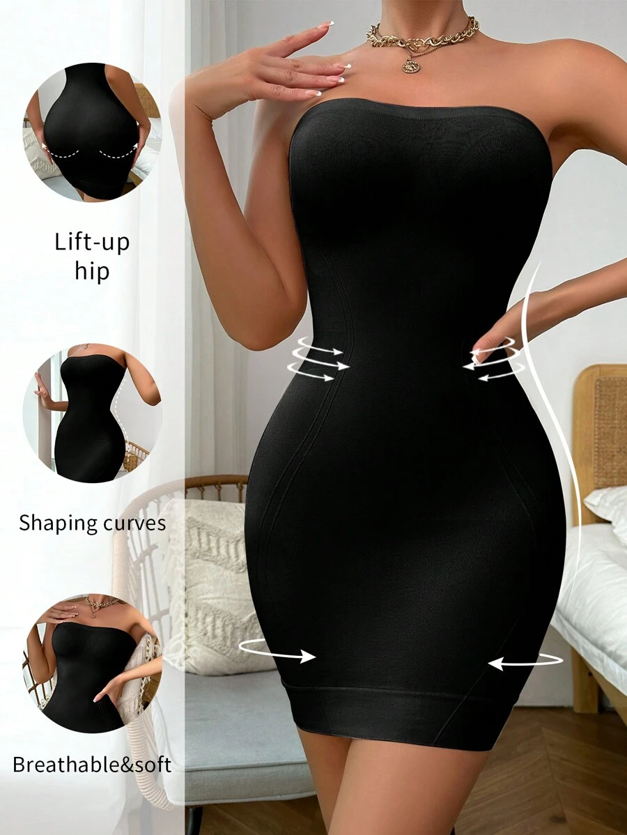 1pc Seamless Solid Color Strapless Bodycon Dress