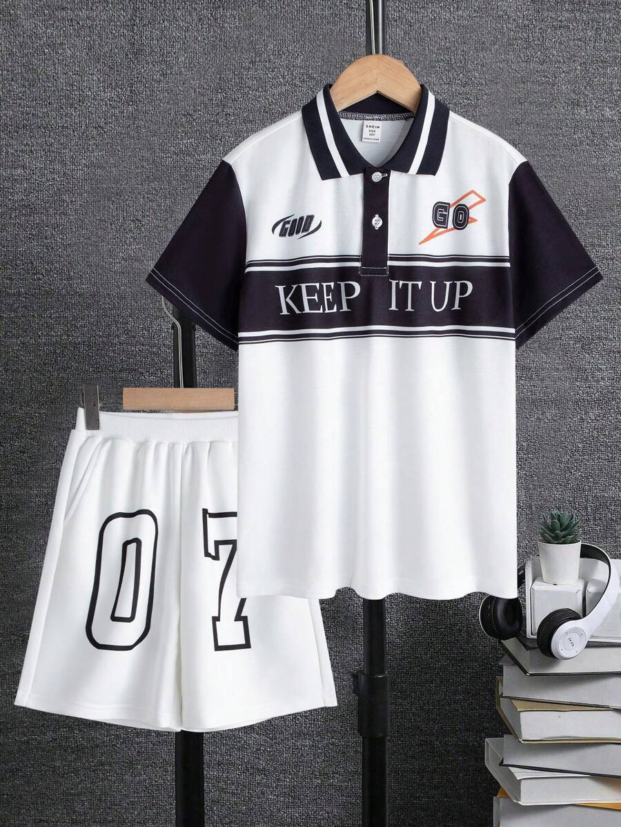 Tween Boy kleurblok top met letterprint en shorts met nummerprint