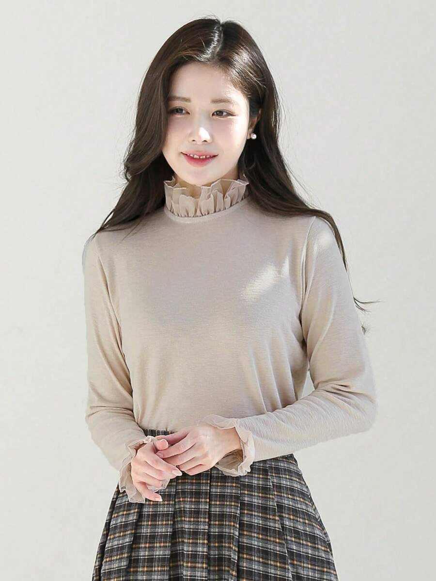 DAZY Women's Solid Color Stand Collar Long Sleeve T-Shirt
