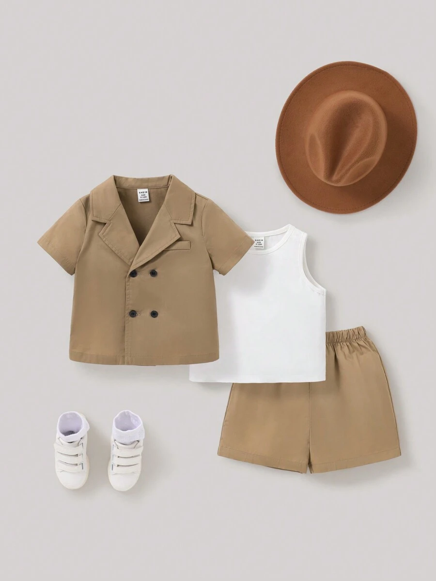 SHEIN Babyjongen Effen kleur Vest DUBBELE KNOPENRIJ Shirt Effen kleur Shorts 3 st./set