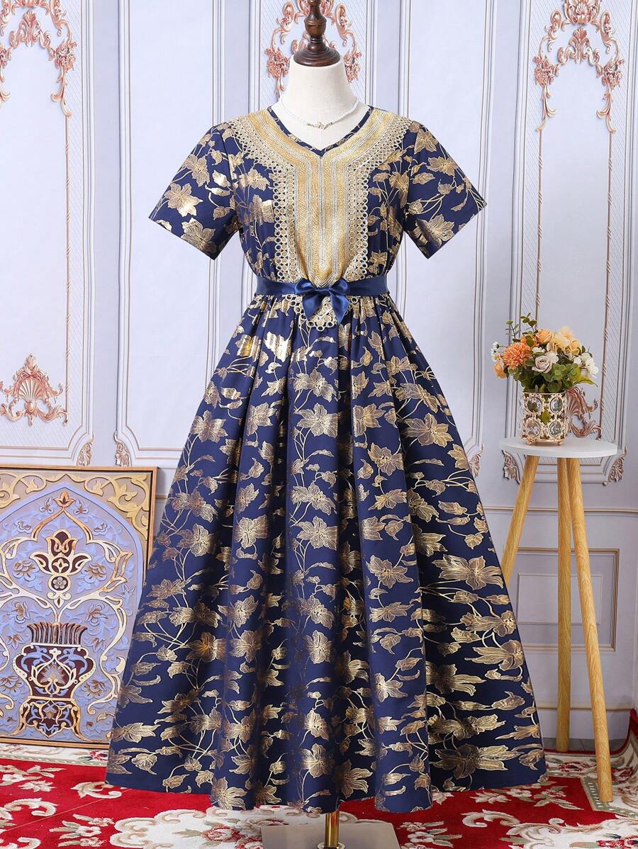 Teen Girl's Dress With Hot Stamped Flower Print And Woven Tape Patchwork