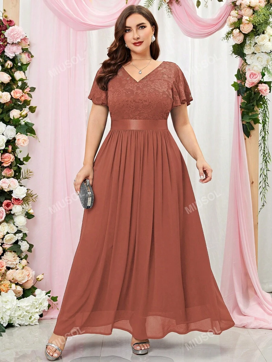 MIUSOL Plus Size Contrast Floral Lace Flounce Sleeve Chiffon Formal Evening Party Dress Wedding Guest Dress,Gown