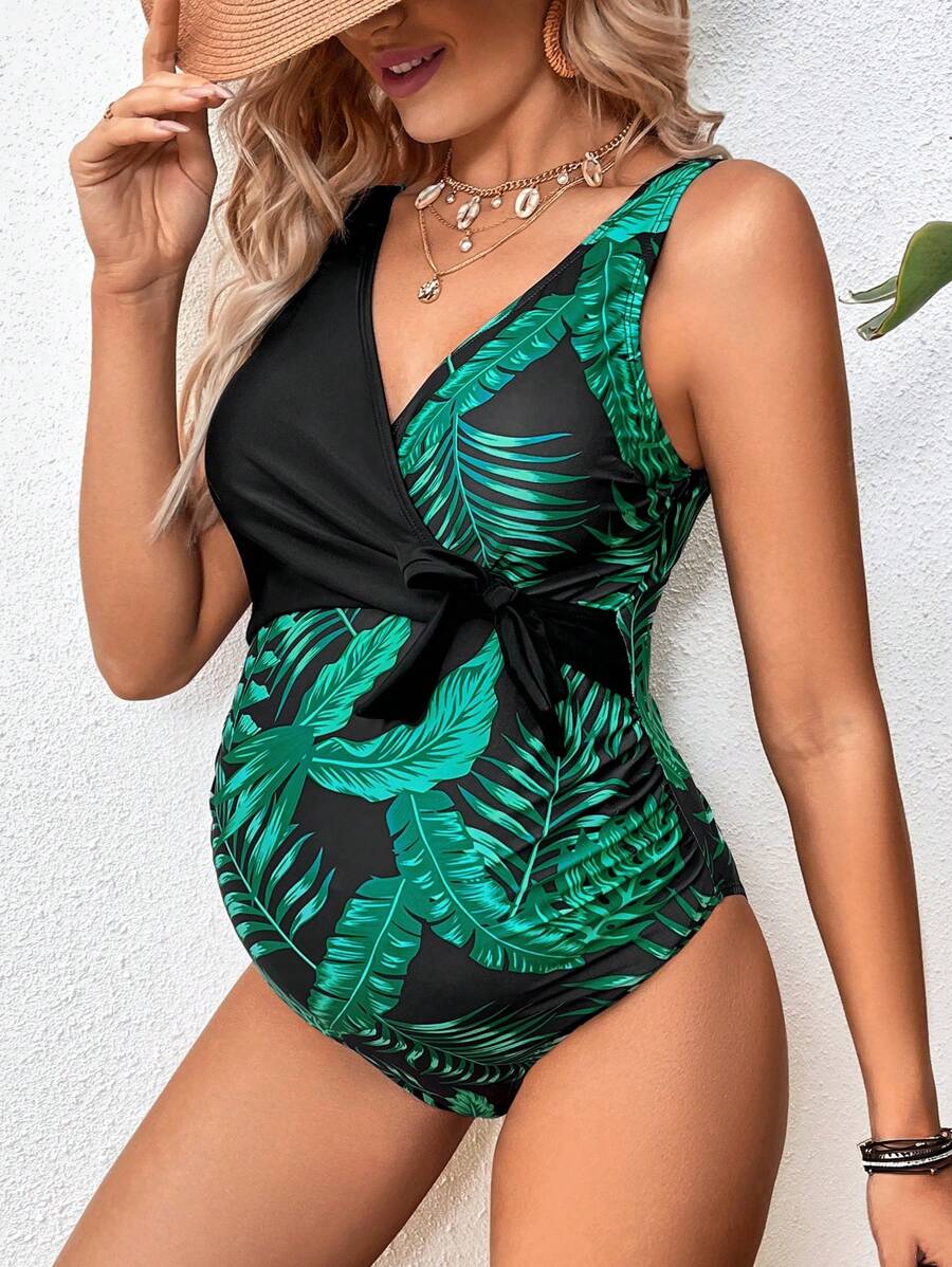 SHEIN Traje de baño de una pieza con lazo y estampado tropical para embarazadas en verano