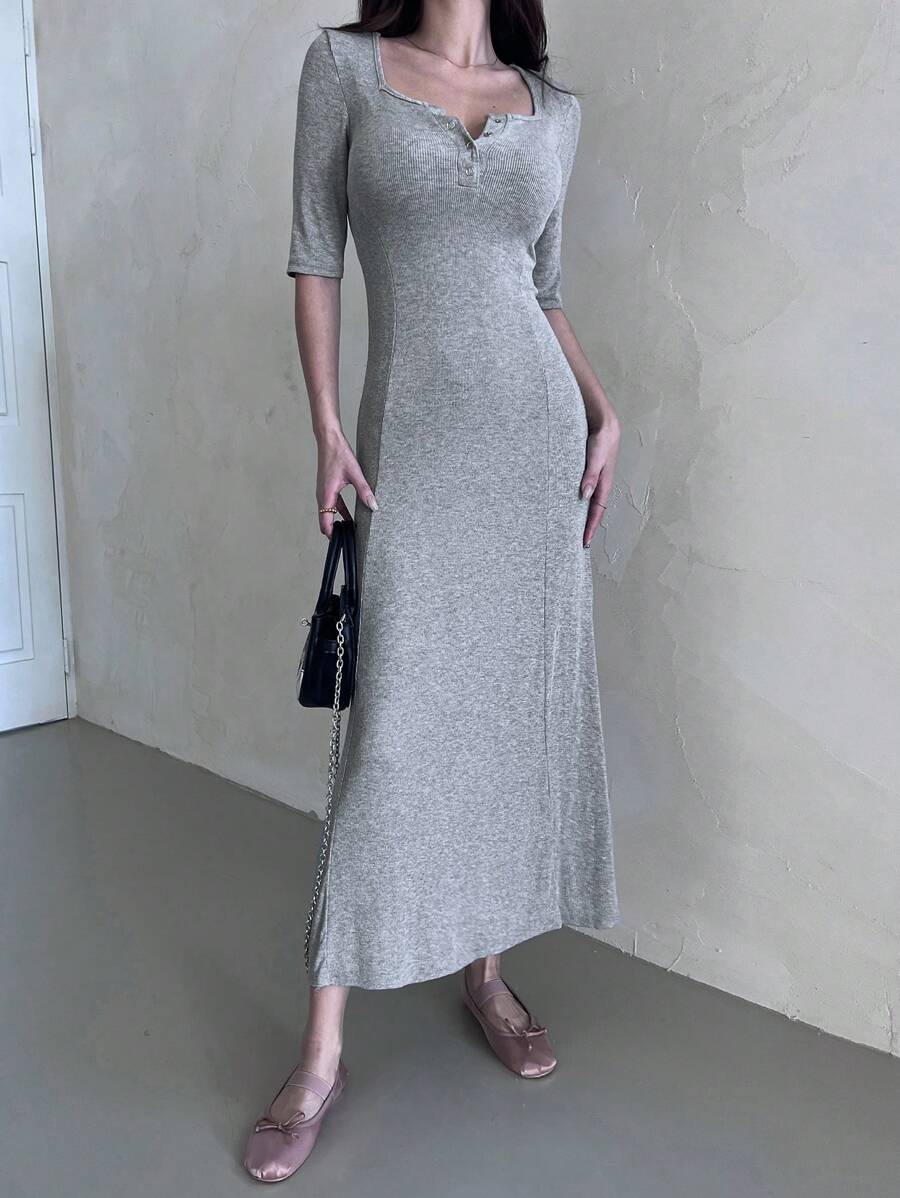 DAZY Women's Square Neck Half Button Front Short Sleeve Midi Dress Sundress