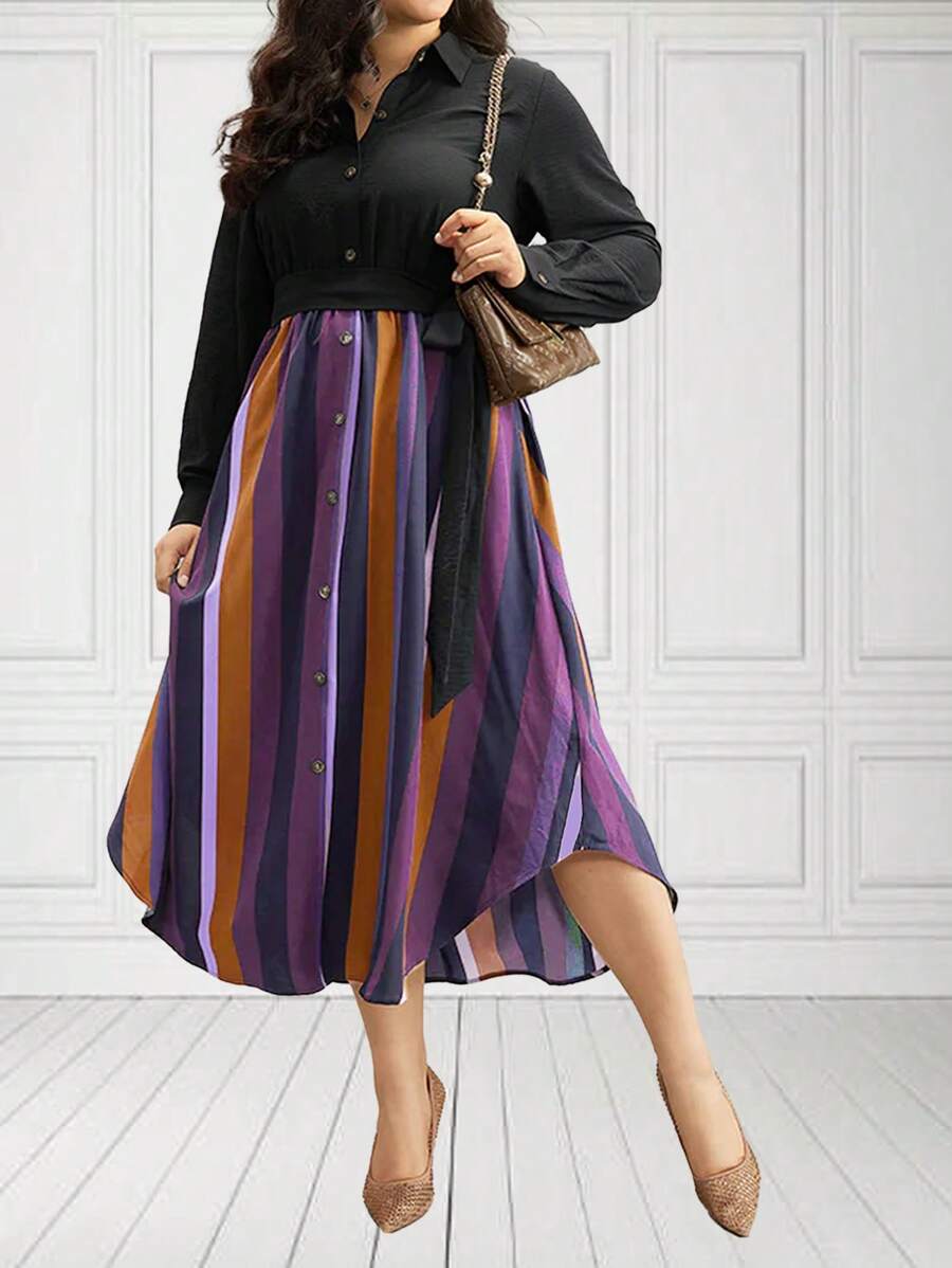 EMERY ROSE Plus Size Women's Striped Print Shirt Dress