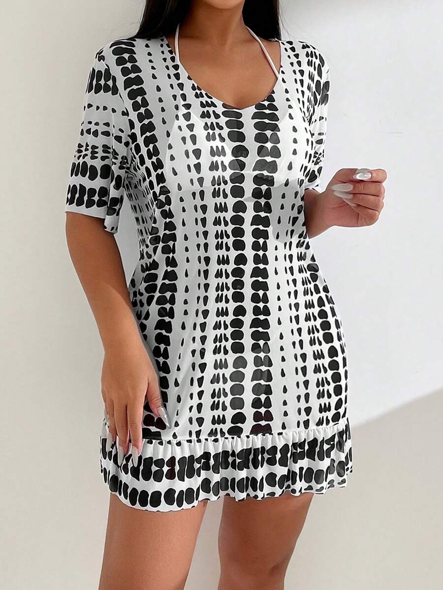 SHEIN Swim Summer Beach Women's Tie-Dye Loose Short Sleeve Cover-Up Dress With Round Neckline, Vacation