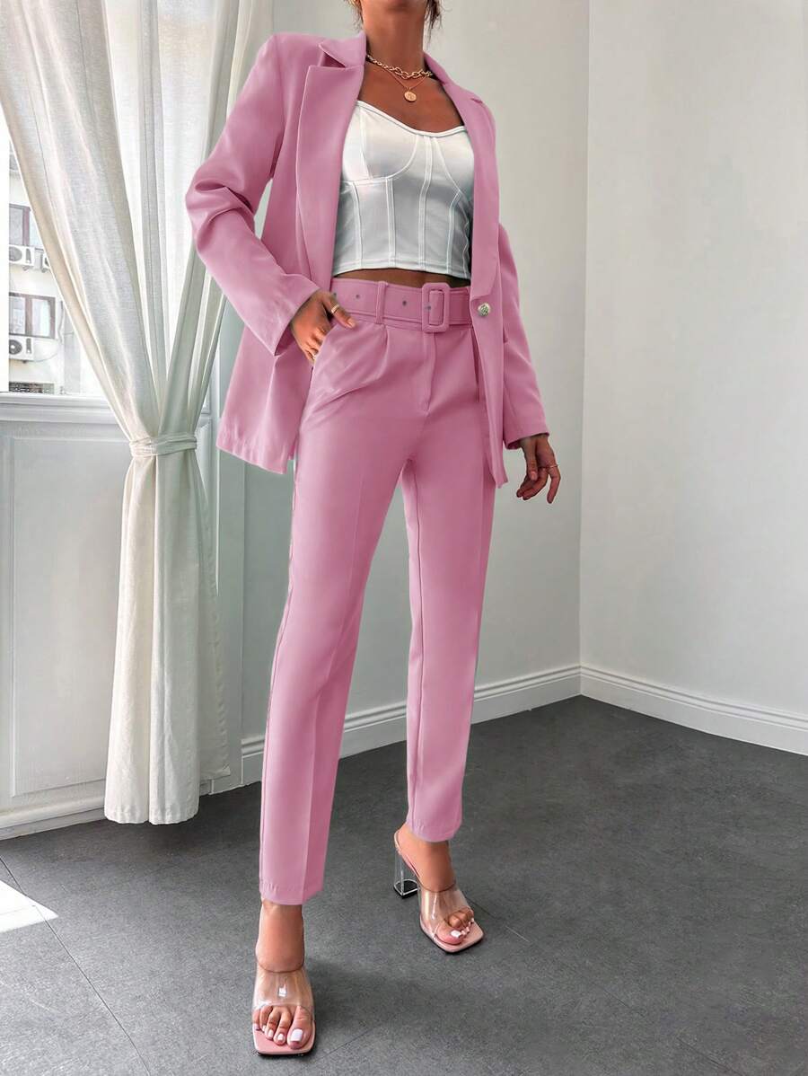 SHEIN Unicolore Col À Revers Blazer & À Poche Ceinturé Pantalon