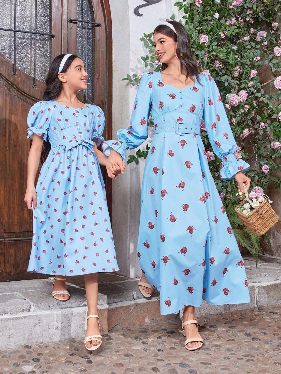 SHEIN Tween Girls' Sweetheart Collar, Puff Sleeve, Decorative Button, Ditsy Floral Printed Dress
