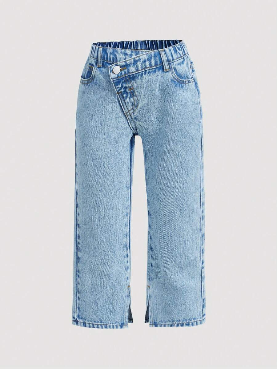 SHEIN Jeans droits avec ourlet effiloché et fente pour filles (jeune fille) mode Y2K
