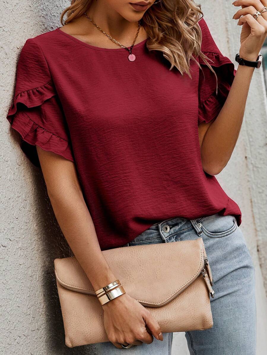 EMERY ROSE Effen blouse met ruches en bloemblaadjesmouwen, tops met korte mouwen