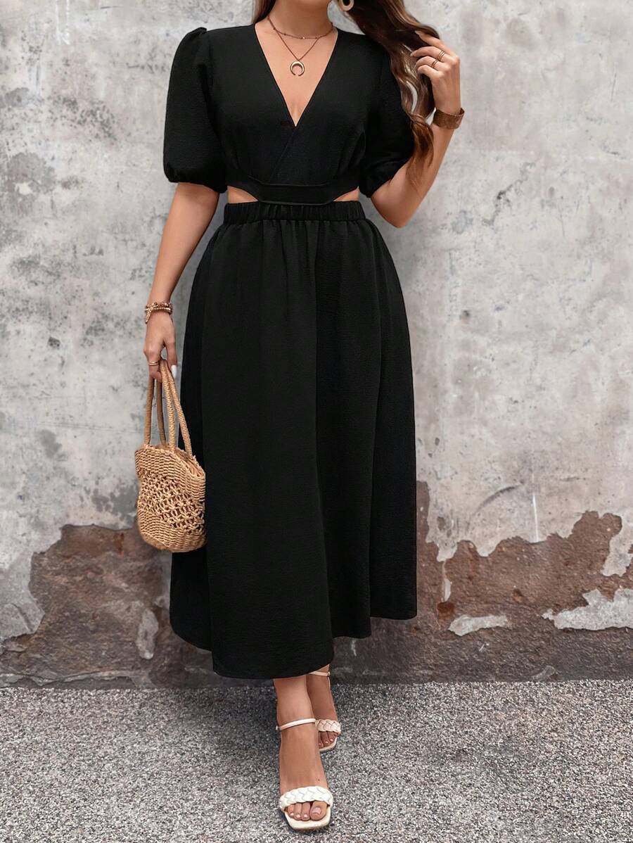 SHEIN LUNE Plus Size Puff Short Sleeve Hollow Out Waist Dress With V-Neckline