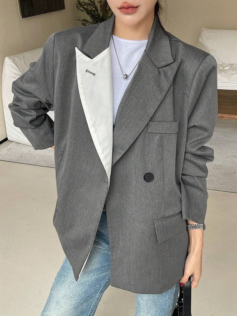 DAZY Women's Loose Fit Colorblock Lapel Blazer,Fall Women Clothes
