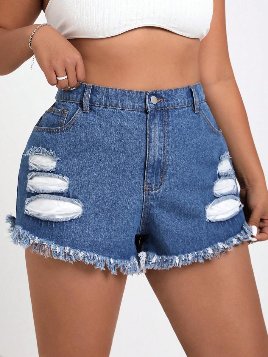 SHEIN EZwear Plus Size Frayed Hole Design Denim Mini Shorts Without Elasticity