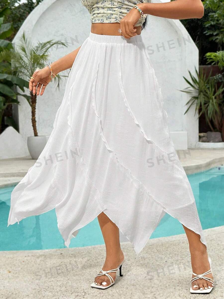 Soleia Falda Casual De Estilo De Vacaciones Para Mujer Con Dobladillo Asimétrico De Color Sólido