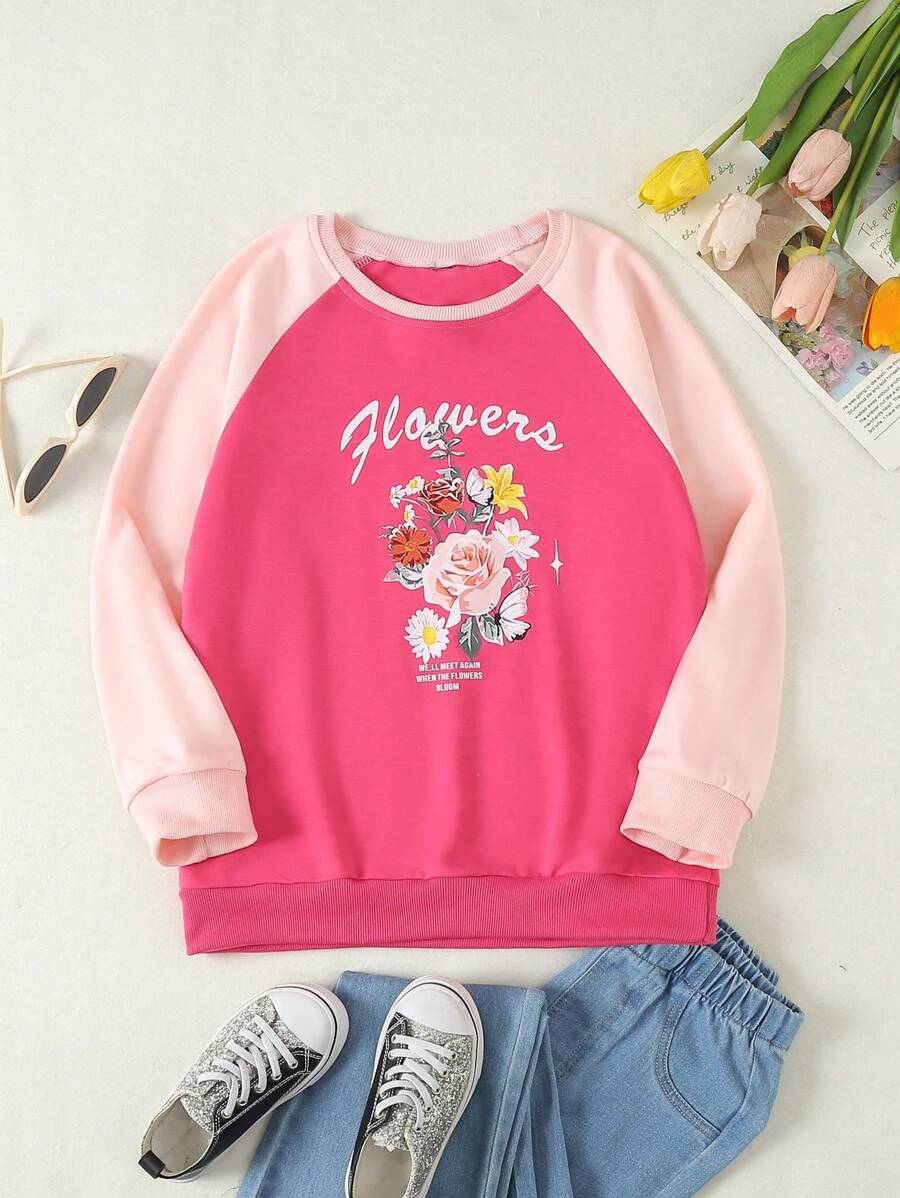 Tween Girls' Flower Pattern Crewneck Raglan Sleeve Sweatshirt