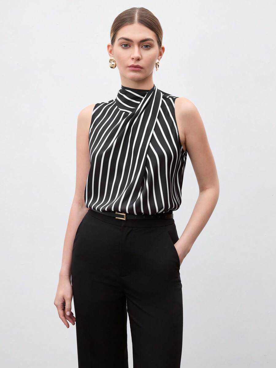 BizChic Women's Striped Asymmetrical Collar Tie Back Crop Top
