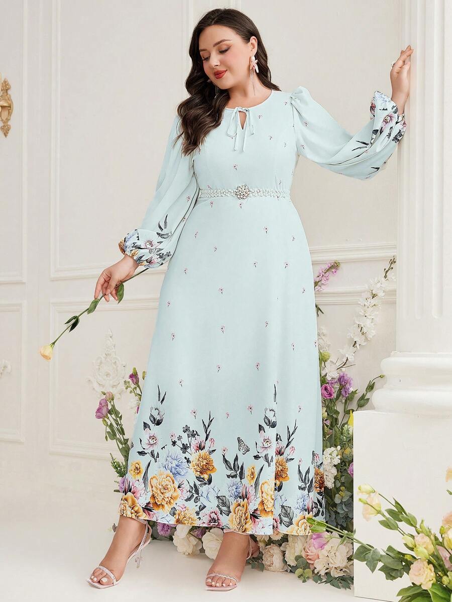 Mulvari Plus Size Floral Print Lantern Sleeve Dress