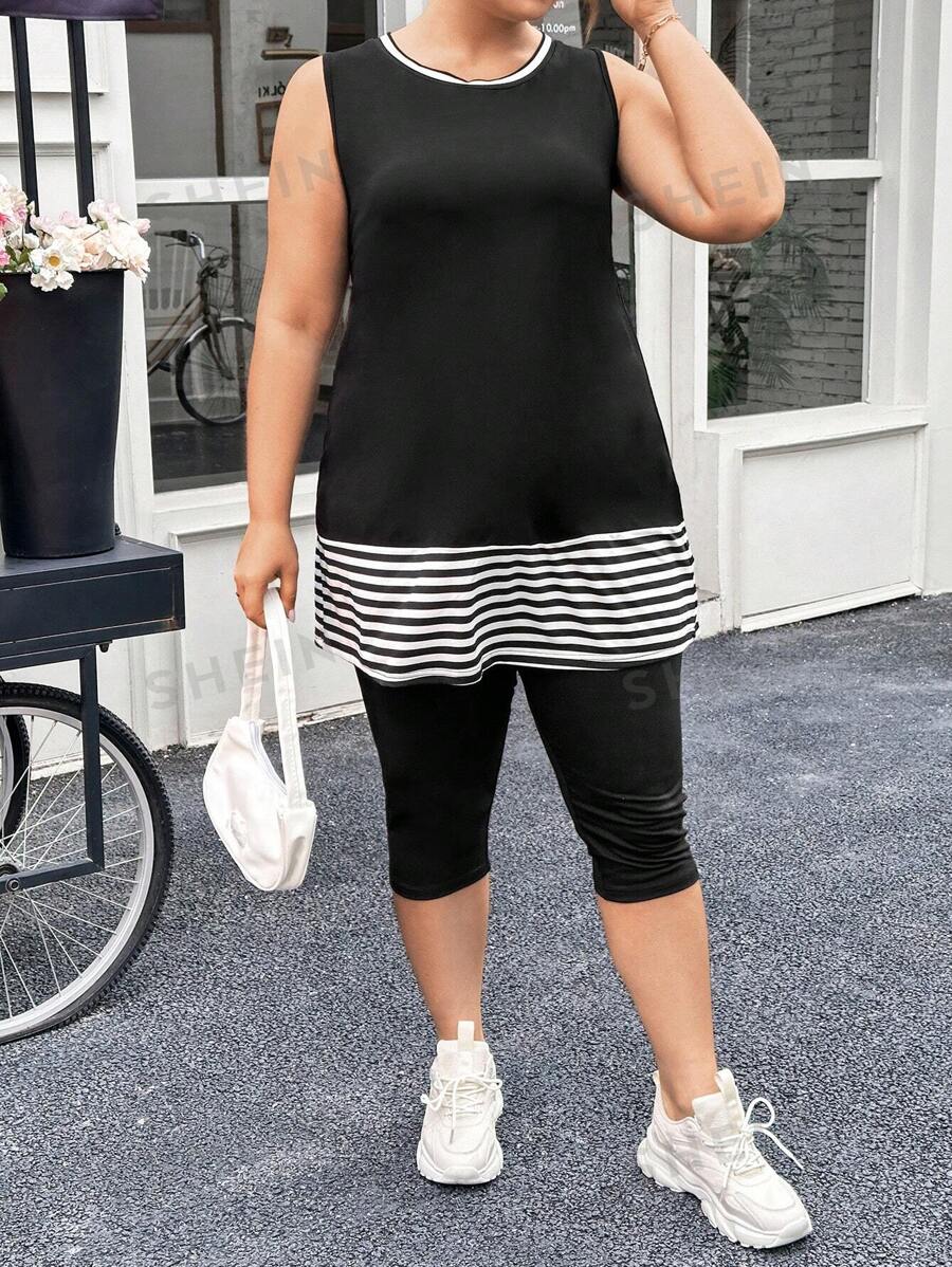 SHEIN Essnce Conjunto de 2 piezas de talla grande con chaleco largo con rayas y leggings de unicolor