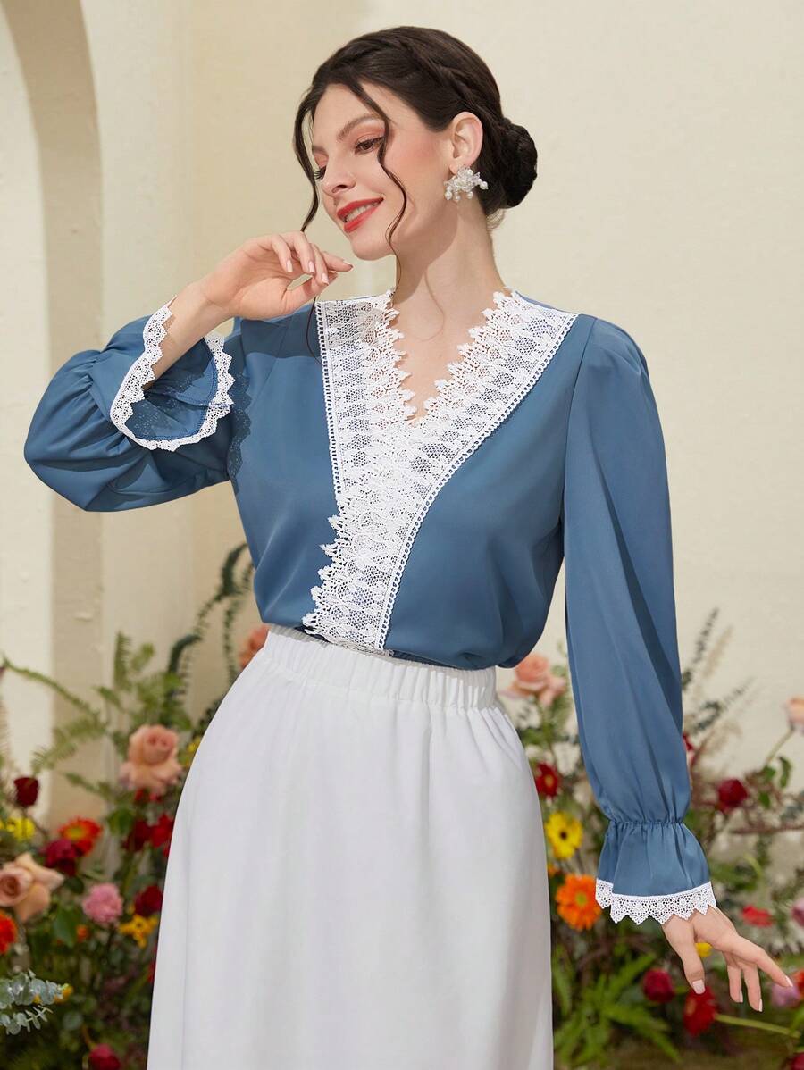 Mulvari Solid Color Lace Splicing Lantern Sleeve Shirt