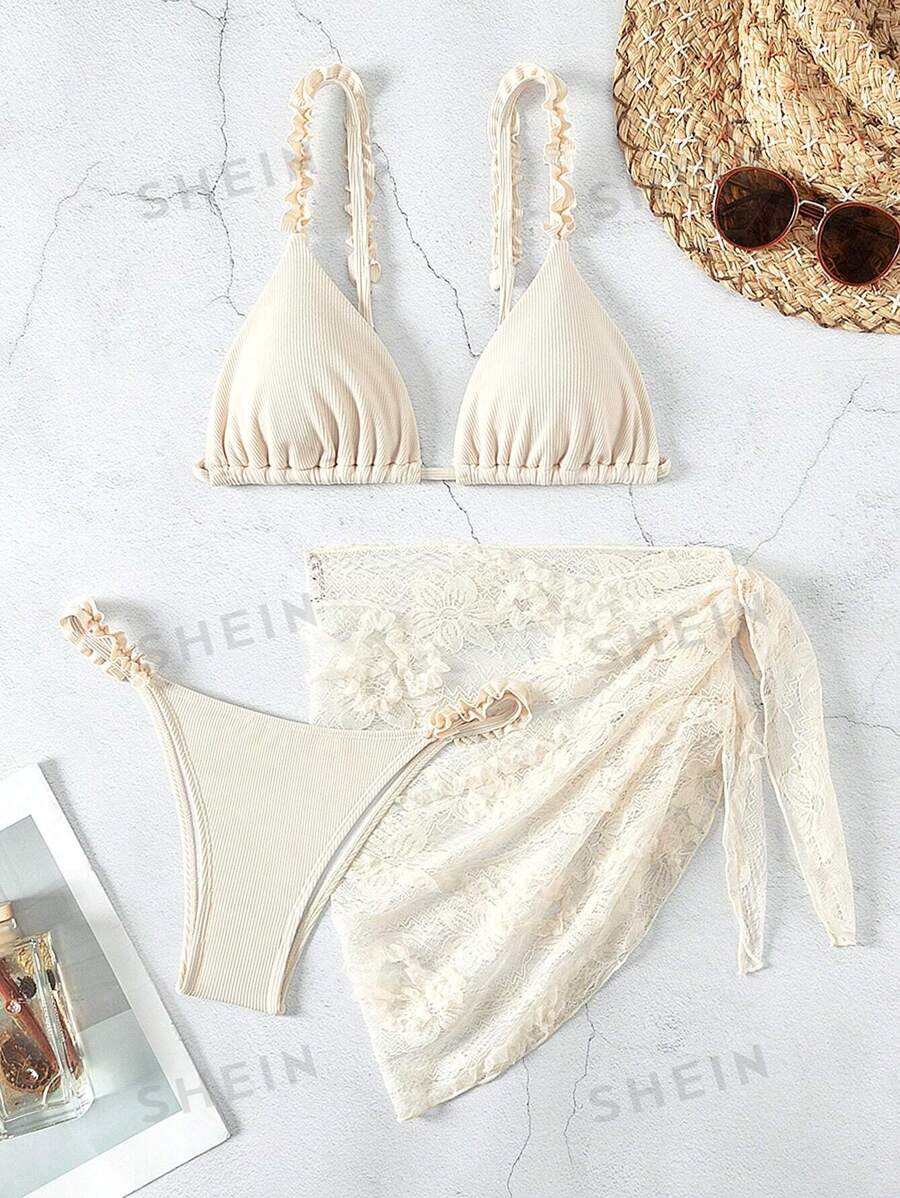 Swim Mod Conjunto de bikini de mujer con encaje bordado y tirantes de espagueti, conjunto de bikini, traje de baño de playa, traje de baño para festival de música de verano, playa de verano