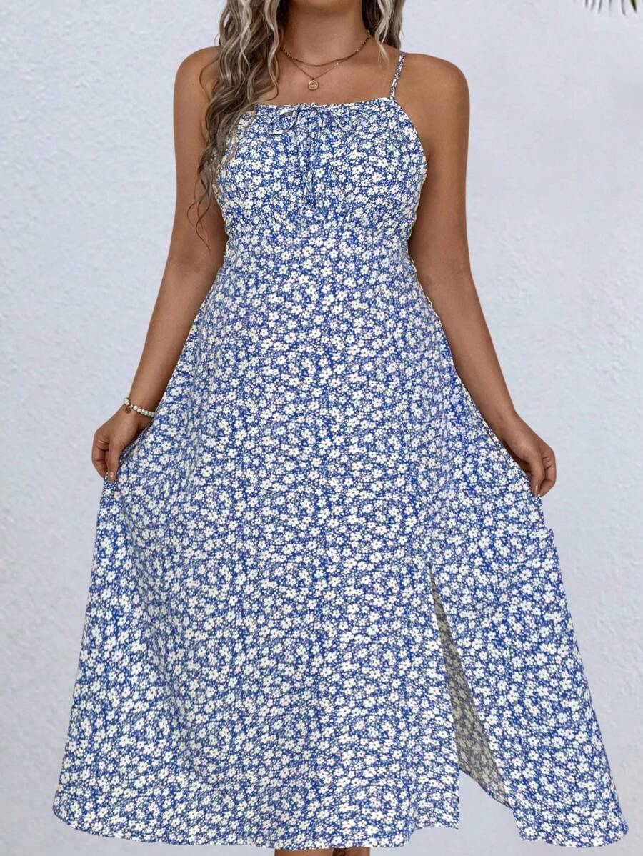 SHEIN LUNE Plus Size Floral Print Side Slit Hem Cami Dress For Summer