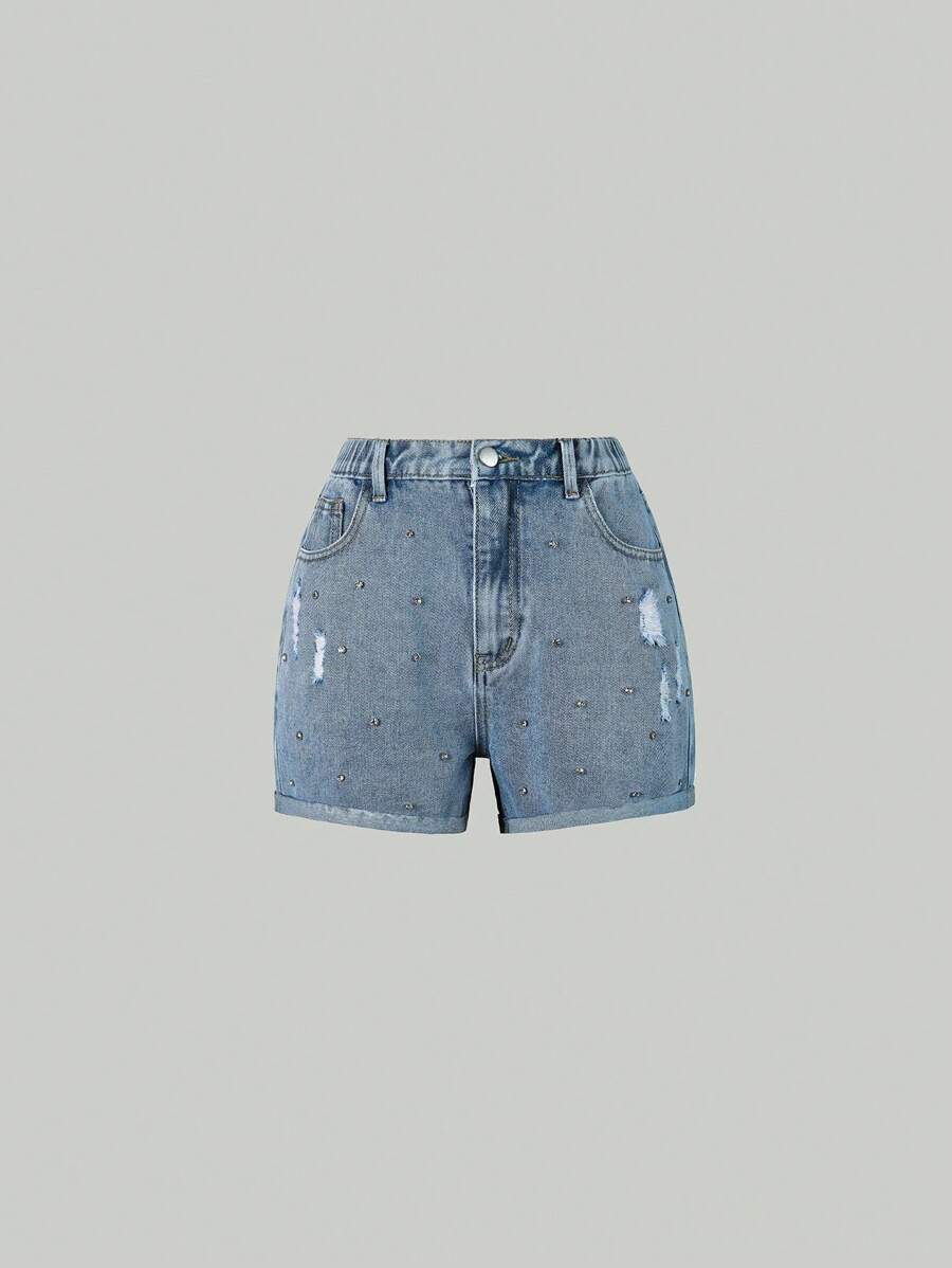 Shorts De Mezclilla Destrozados Para Niñas Adolescentes Con Dobladillo Deshilachado, Detalle De Pedrería Y Destrozado