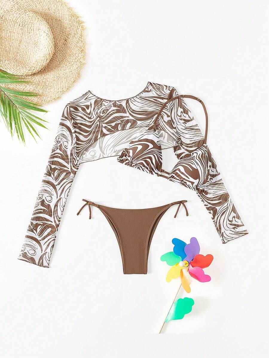 Teen Girls Printed Triangle Cup Bra Bikini Bottom Cover Up Top Fashionable Casual Swimsuit