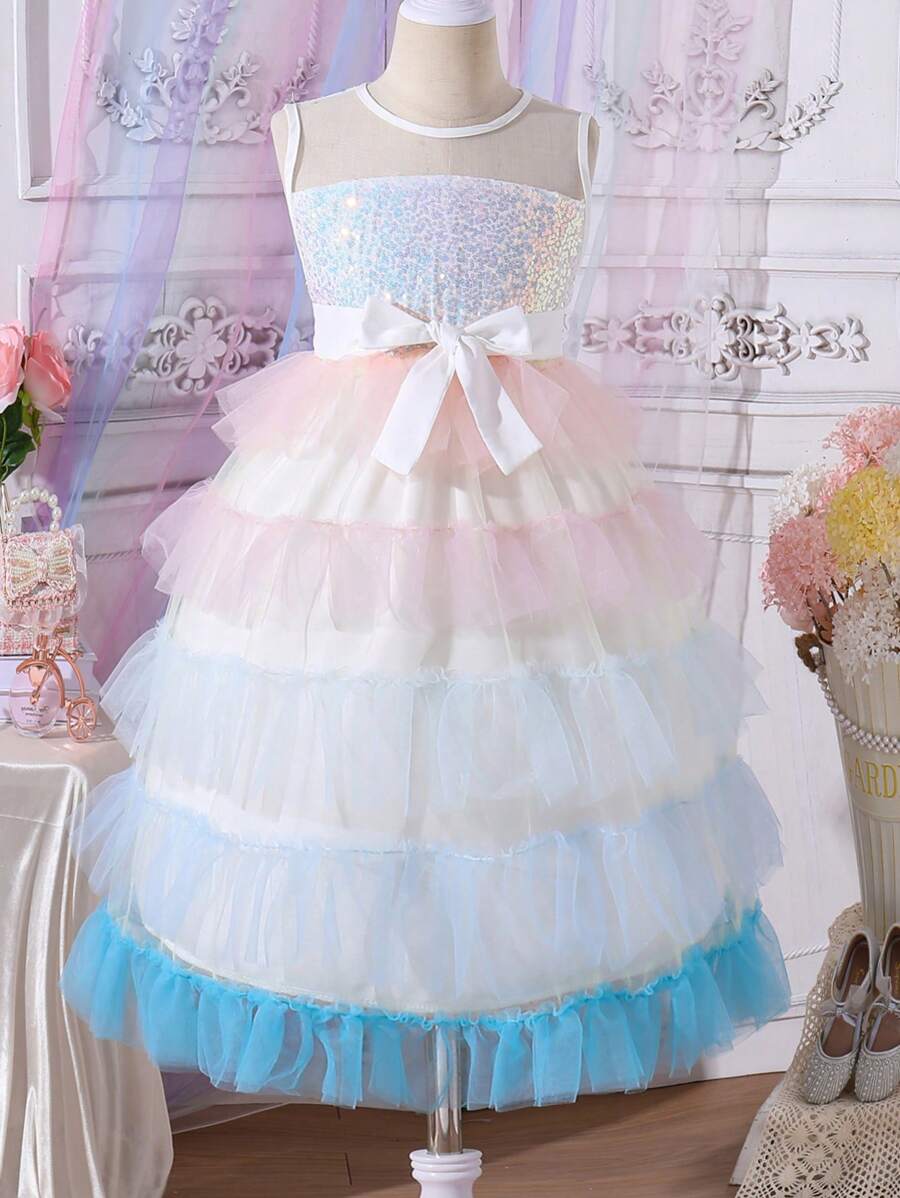 SHEIN Glitzerndes edles Exquisite Paillettenkleid mit Tüll für Tween-Mädchen