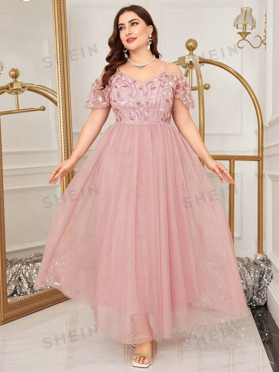 Modelyn Vestido de noche de lentejuelas bordadas talla grande, vestido de dama de honor de largo maxi para mujeres, vestidos de noche largos