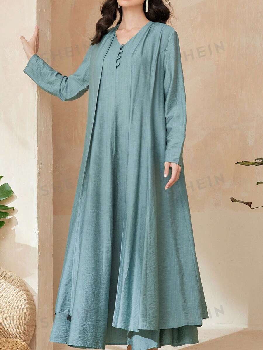 Al Najma Set de 2 piezas con vestido sin mangas de cuello en V y abrigo de frente abierto