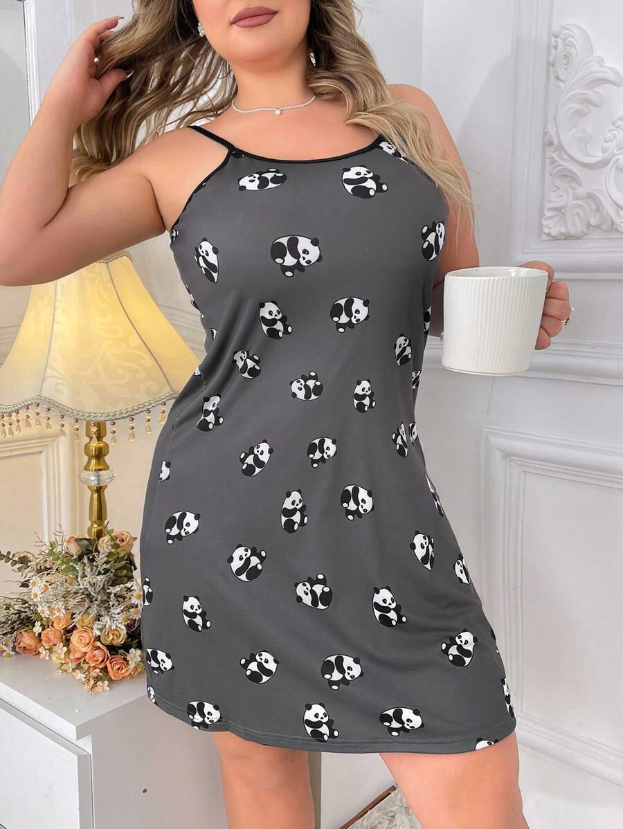 Vestido De Dormir Con Estampado De Panda Y Tirantes Para Tallas Grandes