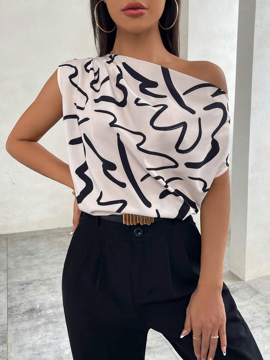 Firerie Blusa de mujer con estampado floral, cuello asimétrico y manga corta