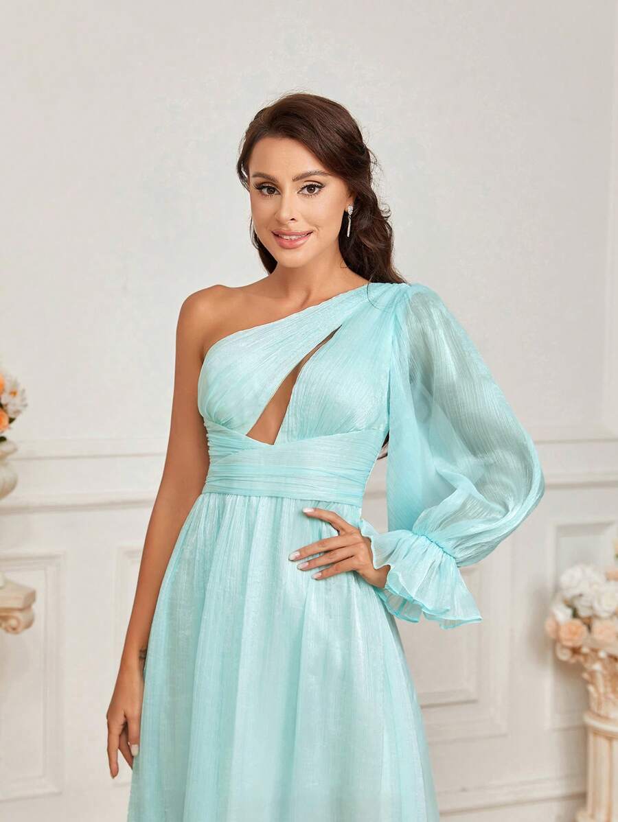 SHEIN Belle Women's Formal Dress With Pleated Design, Hollow Out Chest, Lantern Sleeves And Ruffled Details (Heavy Style)
