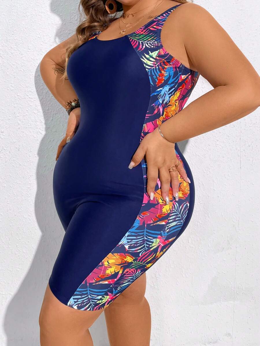 SHEIN CURVE+ Plus Size Summer Beach Tropical Plant Print One-Piece Swimsuit